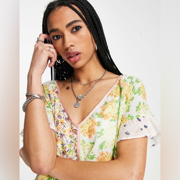 Free People wildflower patchwork mini dress in multi Ivory Combo Size Large - Picture 4 of 12